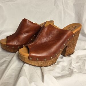 Kork-Ease Deanna Leather Clog Heel Sandals Women's Size 8 / 39 Brown Tan